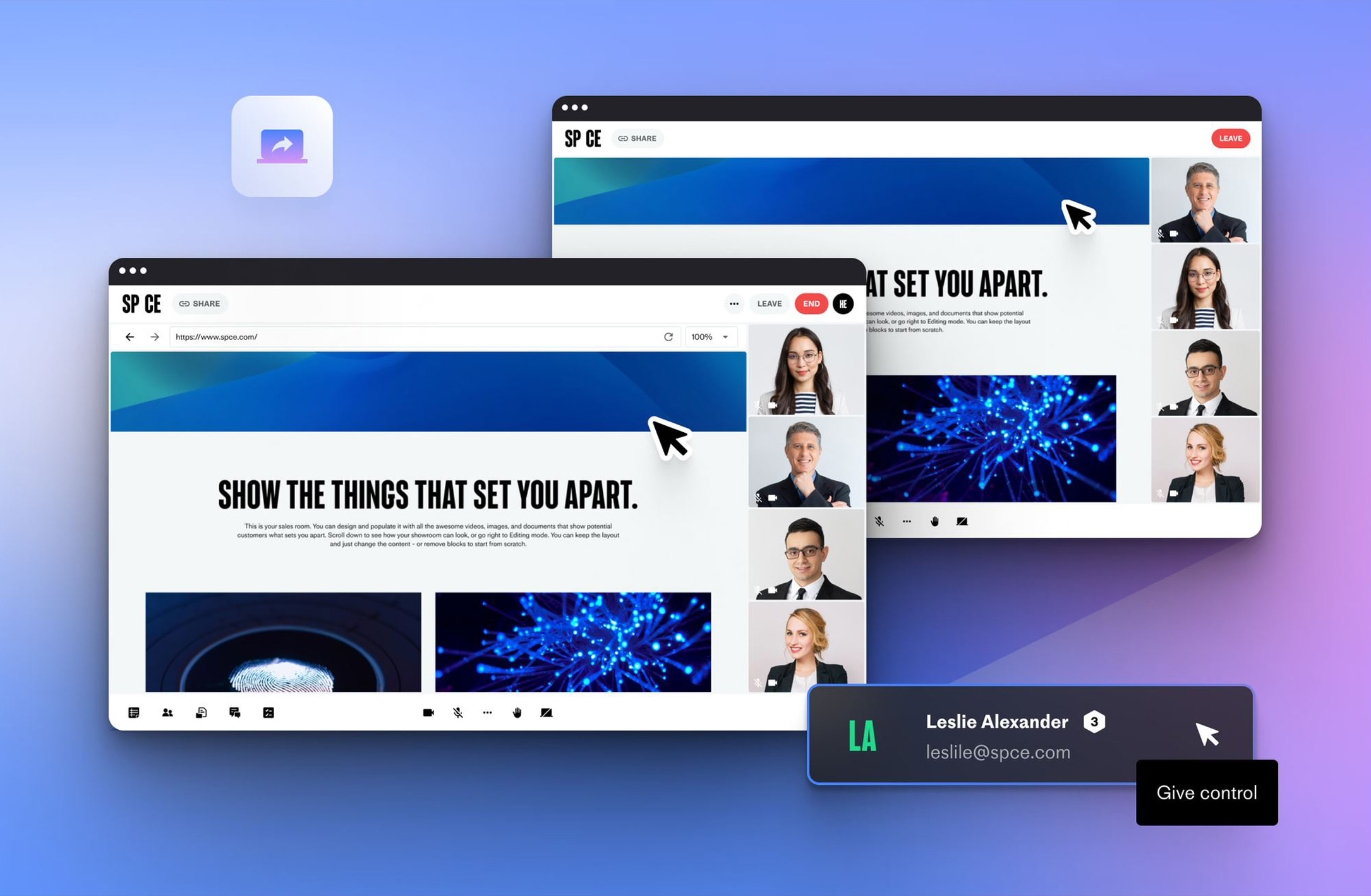 Share your screen interactively with video, website or Powerpoint directly in SP_CE