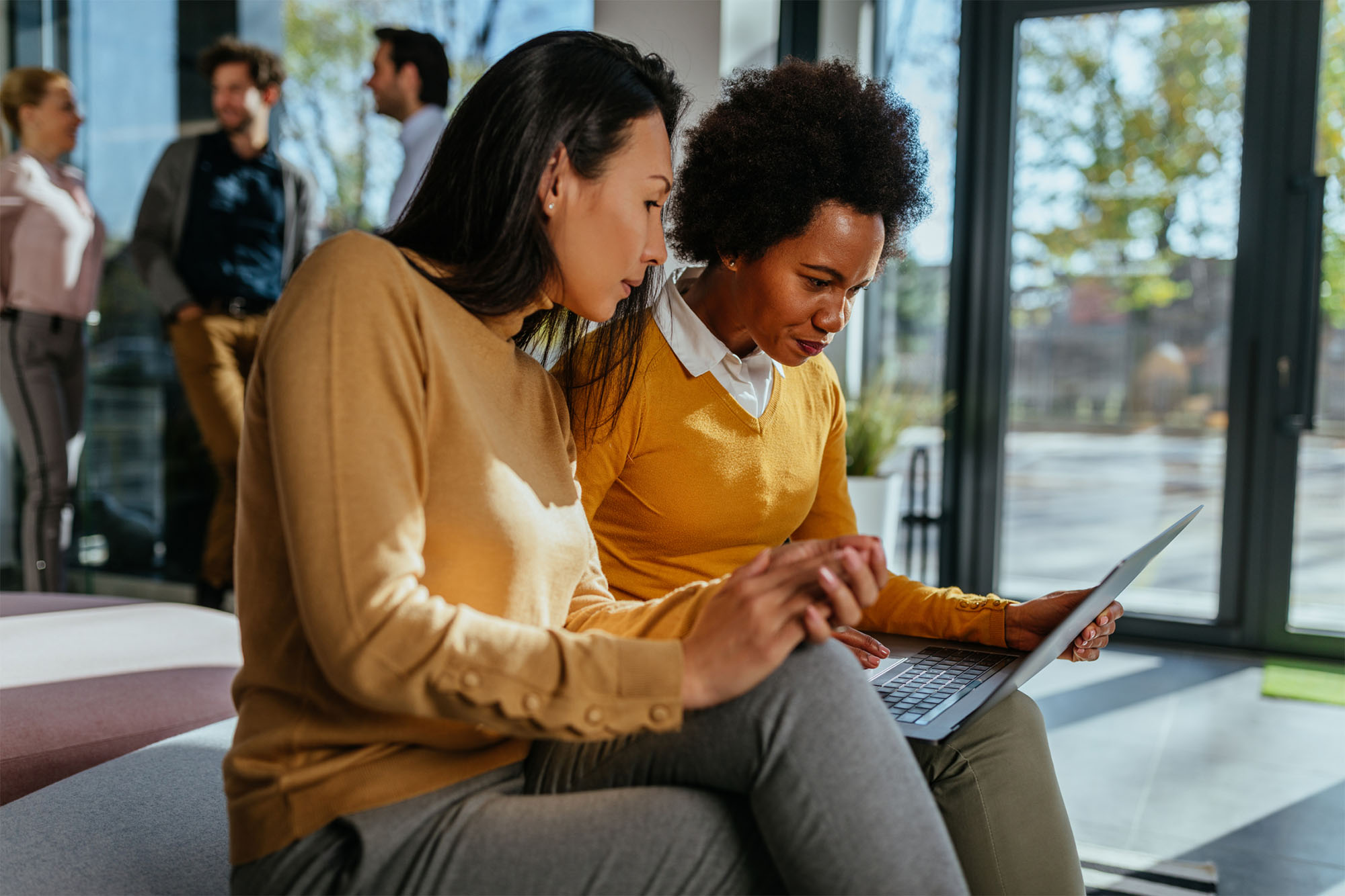 Women professional buyers looking at offerings on computer