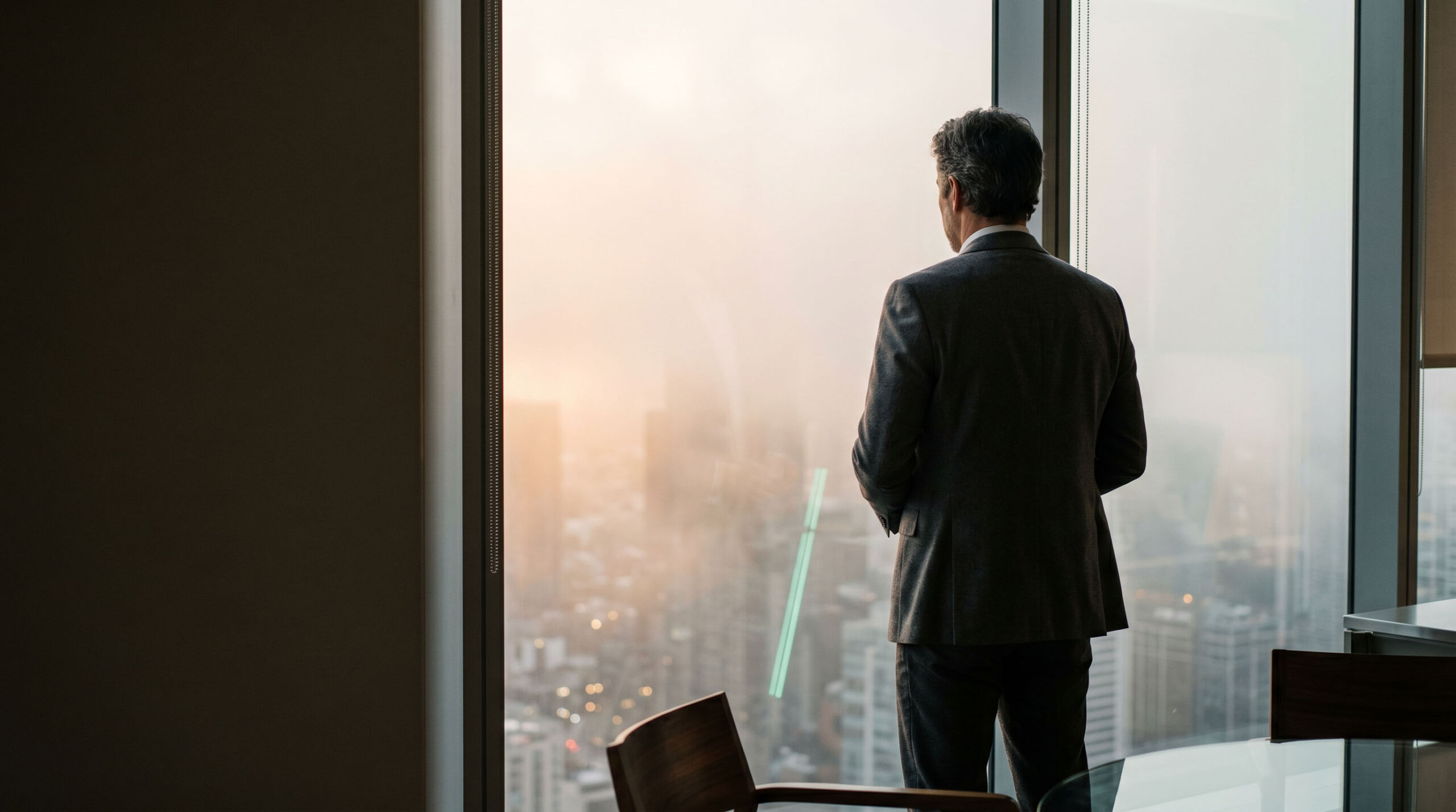 Executive looking over a fog-covered skyline with one clear patch, symbolizing real-time channel visibility
