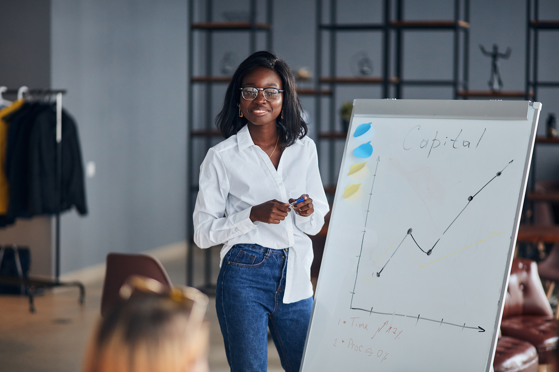 female CRO showing forecast on whiteboard in meeting